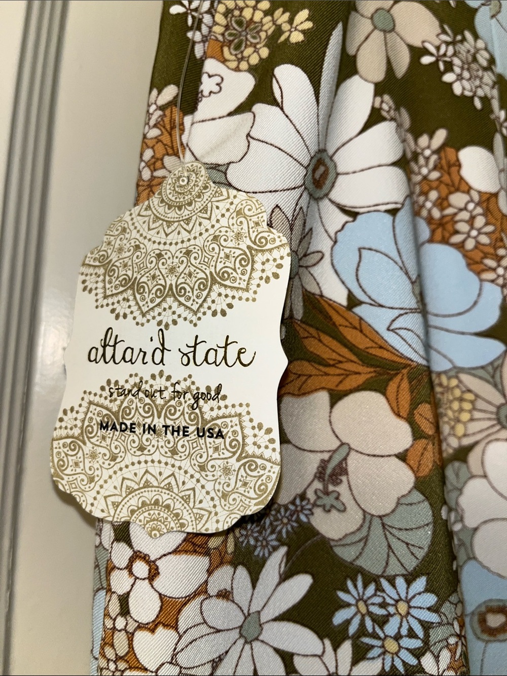 Altar'd State Olive Floral A-Line Skirt with Blue & White Blooms - Picture 4 of 8
